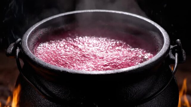 A close-up view of a bubbling potion inside a cast iron cauldron, with fire
