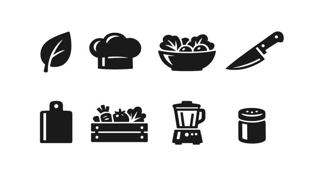 Essential cooking icons: kitchen tools and ingredients in black and white