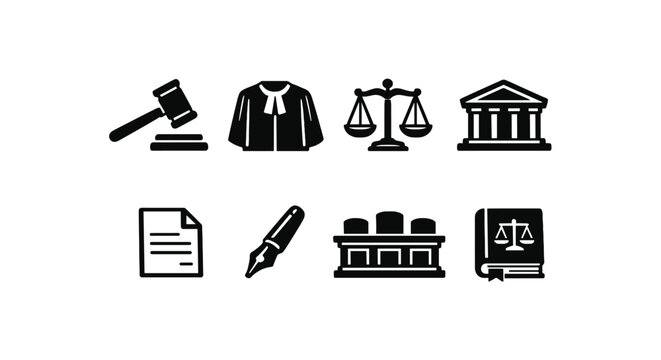 Law and justice icons: gavel, scales, court, document, quill, book