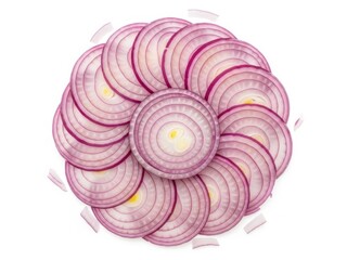 Top-down view of thinly sliced red onion rings arranged in a circular pattern on white background