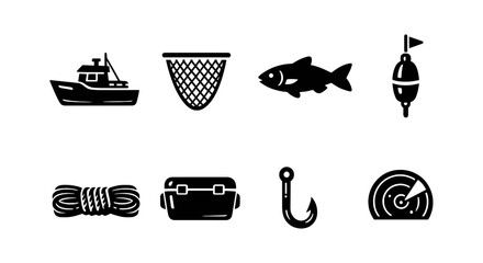 Fishing icon set: boat, net, fish, buoy, rope, cooler, hook, radar