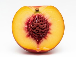 Fresh Ripe Peach Halved with Pit on White Background