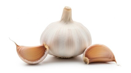 Whole white garlic bulb with two separated cloves on a white background