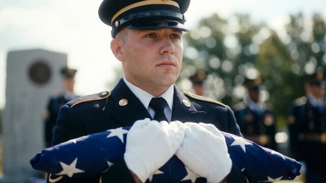 Soldier in dress uniform holding a folded American flag during a military funeral service at a cemetery, honor guard ceremony for veteran tribute and memorial day