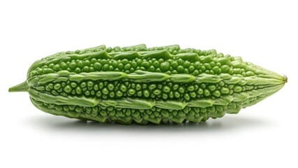 Single green bitter gourd with bumpy skin on white background