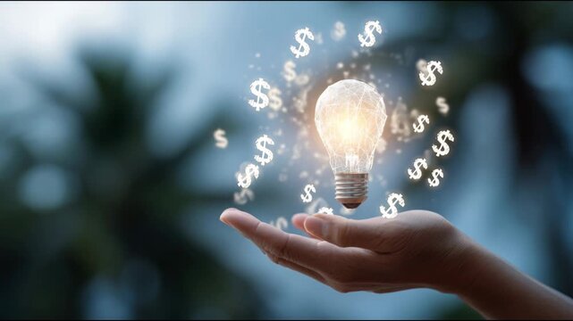 Glowing lightbulb levitating above a hand, with dollar signs swirling around representing profitable ideas