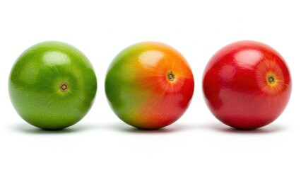Three Round Tomatoes in Green, Ripening, and Red Stages on White Background