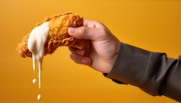 a hand holds a golden fried chicken tender dripping with creamy sauce against a yellow background