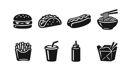 Monochrome fast food icons: burger, taco, hot dog, noodles, fries, drink, sauce, takeout