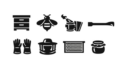 Beekeeping icons: hive, bee, smoker, tools, gloves, hat, honeycomb, jar