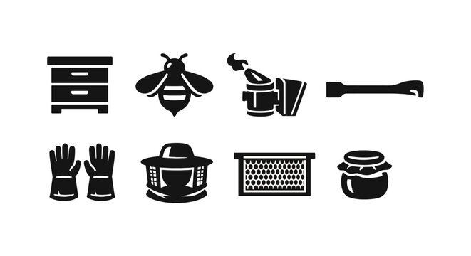 Beekeeping icons: hive, bee, smoker, tools, gloves, hat, honeycomb, jar