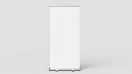 Blank white roll up banner stand on a light gray background