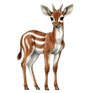 Okapi, whimsical watercolor vector illustration with vibrant highlights and delicate strokes, isolated on a white background.