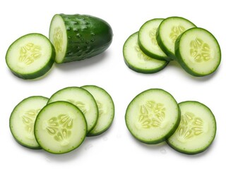 Fresh Green Sliced Cucumbers on White Background