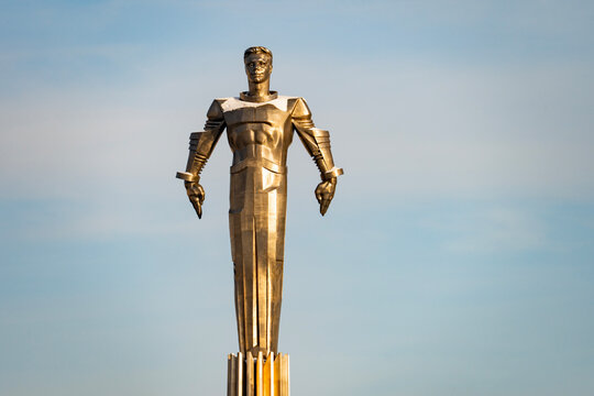 Moscow, January 27 2026, Yuri Gagarin Monument 42 meter high titanium monument Leninsky Prospekt in Moscow in 1980. Sculptor P. I. Bondarenko and architects J. B. Belopolsky and F. M. Gezhevsky.