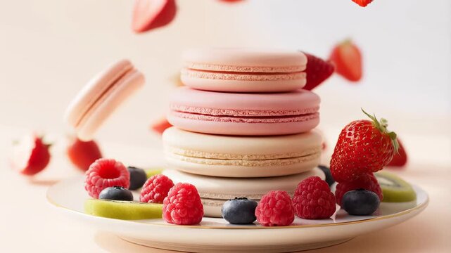 A video showcases a delicious stack of macarons with fresh berries falling onto them