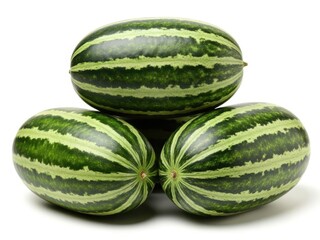 Three whole green striped Korean melons stacked on a white background