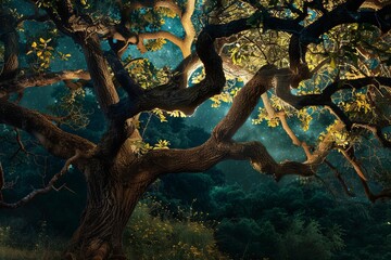 Fototapeta premium Gnarled branches of an ancient tree reach towards a breathtaking starry night sky, creating a magical and enchanting forest scene