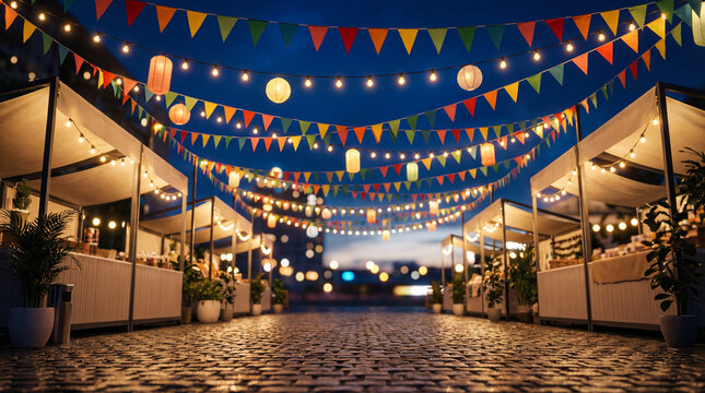Organic open-air fair night street market outdoor modern festival eco stalls illuminated by lights with colorful bunting flags background