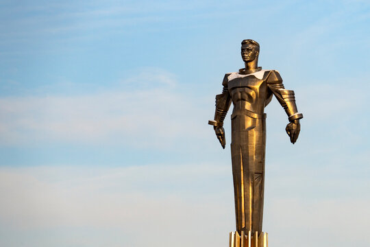 Moscow, January 27 2026, Yuri Gagarin Monument 42 meter high titanium monument Leninsky Prospekt in Moscow in 1980. Sculptor P. I. Bondarenko and architects J. B. Belopolsky and F. M. Gezhevsky.