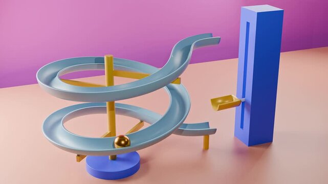 3D animation of a golden ball sliding down a circular slide, being picked up by a platform and then dropped back to the start, creating a continuous loop.