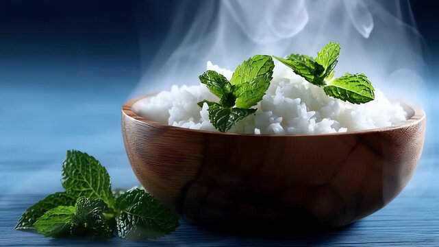 Steaming bowl of white rice garnished.