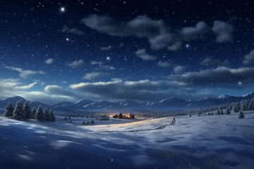 Naklejka premium Cozy cabins shining with light in a vast snowy mountain landscape at night