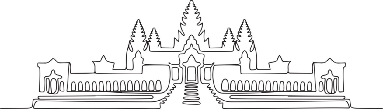 Single continuous line drawing Angkor Wat Temples landmark. Famous place in Siem Reap, Cambodia. World travel tour home art wall decor poster print. one line Icon drawing