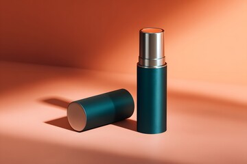 Obraz premium A teal-colored cylindrical makeup container with a silver cap stands upright on a peach-colored surface next to its matching lid.