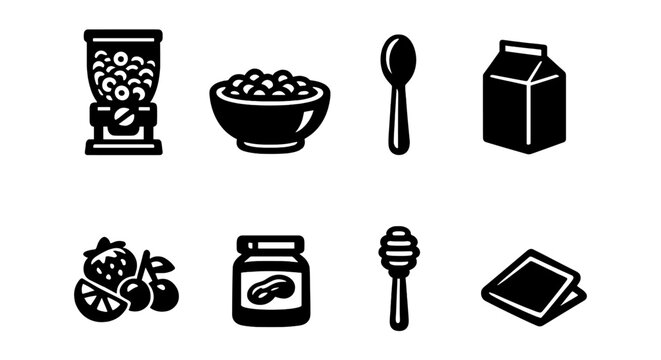 Breakfast icons: cereal, milk, fruits, jam, spoon, honey, bread