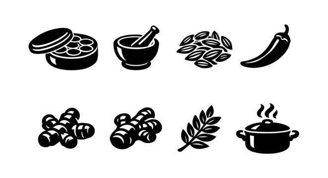 Collection of spice and herb icons in black and white