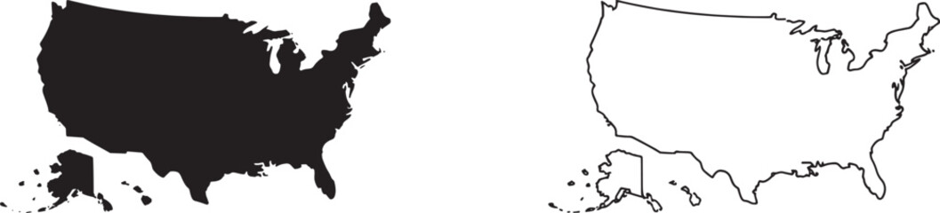 United States of America map outline and solid black silhouette on white background