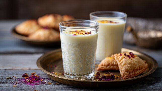 festival food photography, artfully arranged traditional holi refreshments, including thandai and gujiya, displayed on a wooden table with soft, diffused light