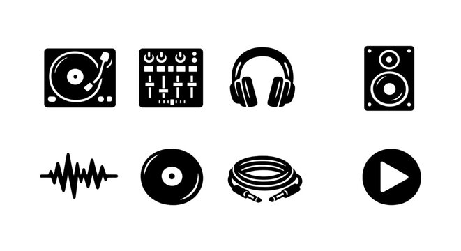 Dj equipment icons: turntable, mixer, headphones, speaker, waveform, vinyl, cables, play button