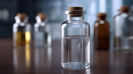 A clear glass bottle filled with liquid stands in the foreground with blurred laboratory vials in the background