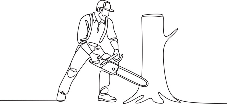 Continuous one line drawing worker using the chainsaw. Wearing suspender shirt, jeans and boots. Professional lumberjack pose cutting tree by chainsaw. one line Icon drawing