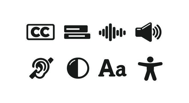 Accessibility symbols: subtitles, audio, hearing, contrast, text, accessibility icon set