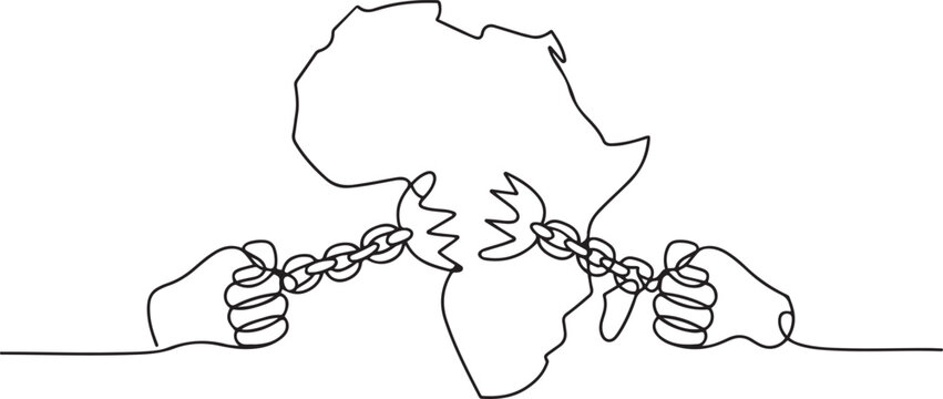 Continuous one line drawing African continent with 2 hands breaks chains in the middle of the continent. The struggle for justice. African Liberation Day. one line Icon drawing