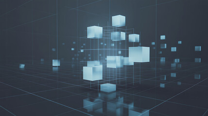 Blockchain data network with abstract glowing cubes