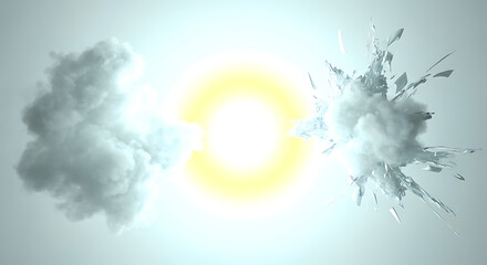 Explosion of fragments and smoke with bright light