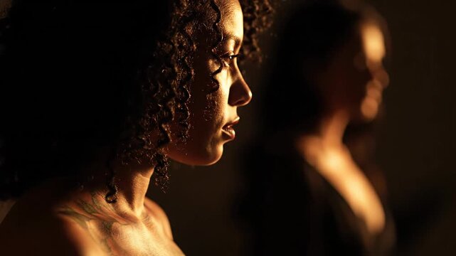 Cinematic profile of a beautiful young african american woman with curly hair and a tattoo. Introspective female model in dramatic warm light for concepts of self-reflection and identity