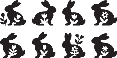 Eight different black bunny silhouettes decorated with flower shapes inside their forms on white