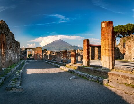 ruins of pompeii with mount vesuvius near naples one of the main tourist attractions in italy