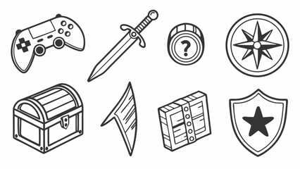 RPG Adventure Game Icons Vector Set Black And White Line Art Loot Rewards Controller Sword Compass Shield UI Assets