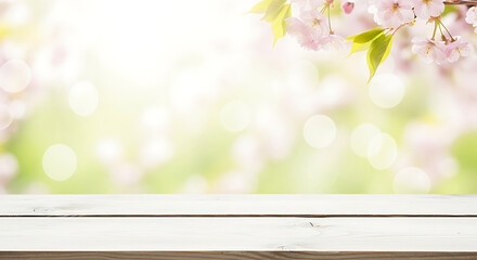 Spring background with wood table and cherry blossom