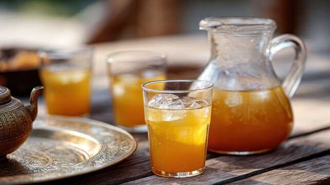 traditional drink culture, a documentary capturing a glass pitcher and golden qamar al-din on a wooden table with deep focus