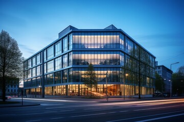Obraz premium Modern office building featuring a glass facade and warm interior lighting during twilight