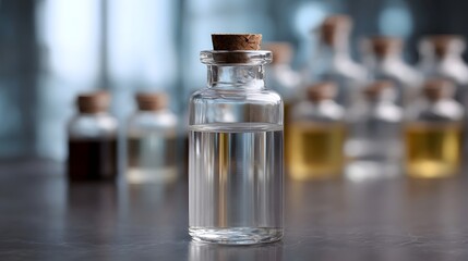 A clear glass bottle with a cork stopper containing liquid displayed with other laboratory vials in a blurred background