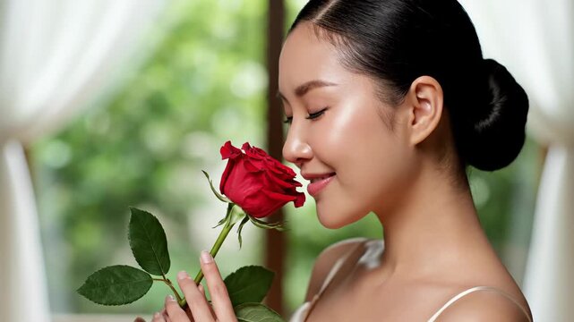 Close-up of a young Asian woman smelling a red rose with a gentle smile. Female model with glowing skin holding a flower indoors. Valentine's Day and beauty concept