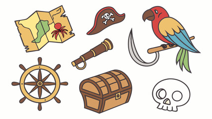 Pirate Adventure Elements Icon Set Cartoon Illustration Treasure Map Chest Ship Wheel Spyglass Parrot and Skull for Game Design and Fantasy Themes